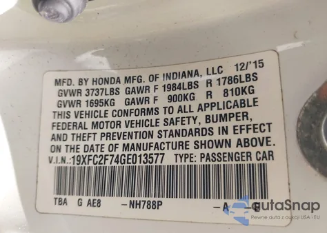 2016 Honda Civic Ex из США, поврежденный, VIN 19XFC2F74GE013577